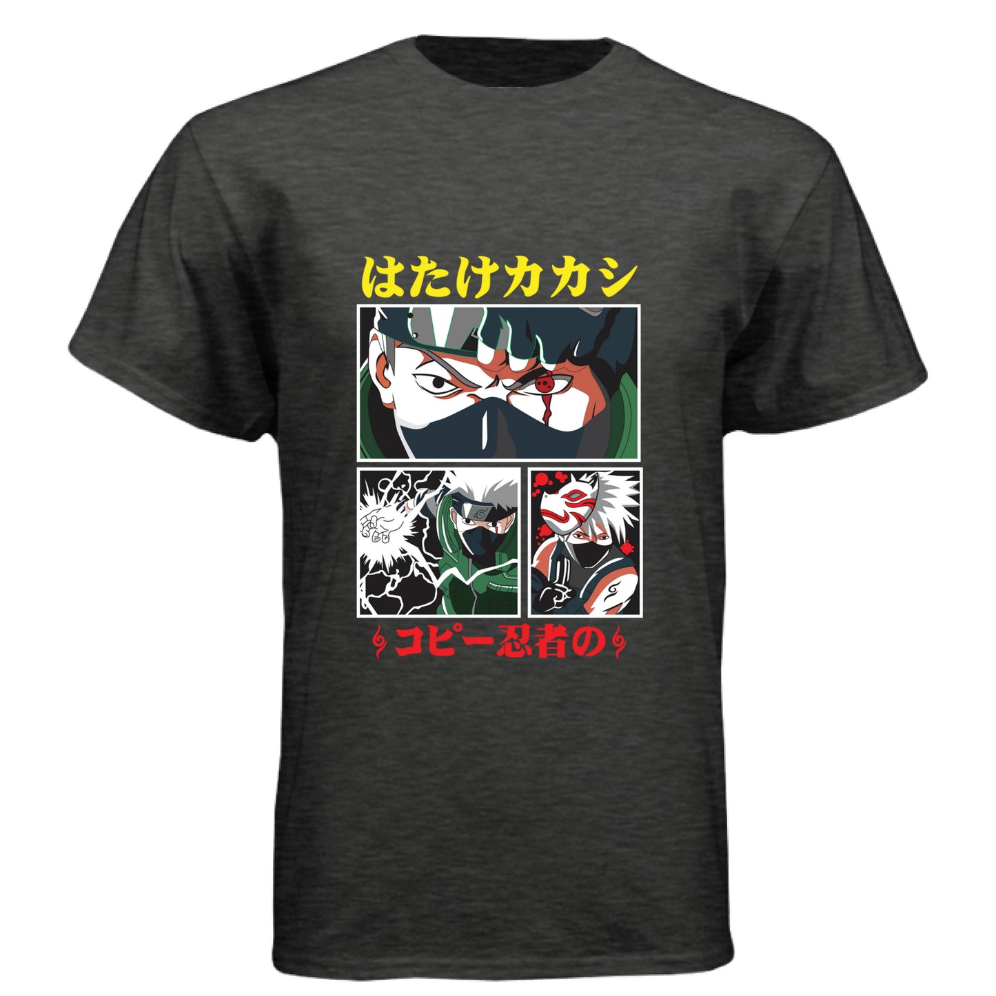 VINTAGE BLACK - FRONT Naruto Kakashi Hatake anime t-shirt featuring Copy Ninja manga panel design with Sharingan on unisex triblend fabric
