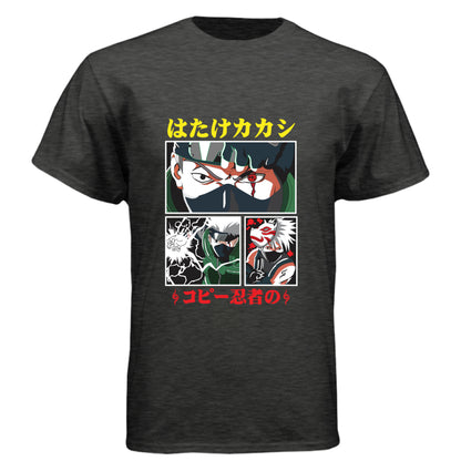VINTAGE BLACK - FRONT Naruto Kakashi Hatake anime t-shirt featuring Copy Ninja manga panel design with Sharingan on unisex triblend fabric
