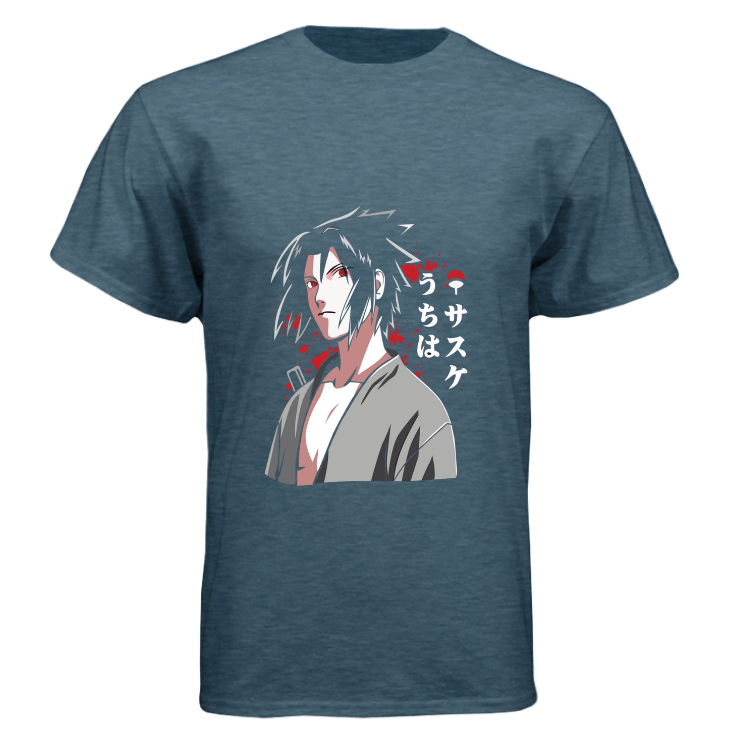 INDIGO - FRONT Naruto Sasuke Uchiha anime t-shirt featuring Sharingan portrait design on unisex triblend fabric
