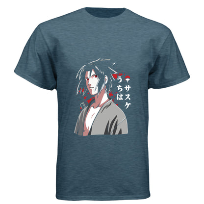 INDIGO - FRONT Naruto Sasuke Uchiha anime t-shirt featuring Sharingan portrait design on unisex triblend fabric
