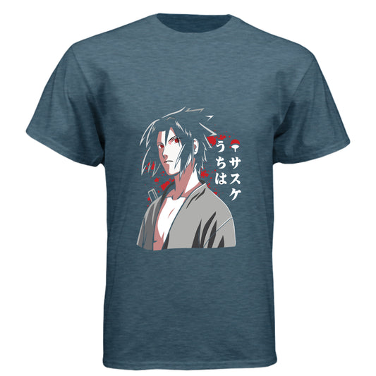INDIGO - FRONT Naruto Sasuke Uchiha anime t-shirt featuring Sharingan portrait design on unisex triblend fabric
