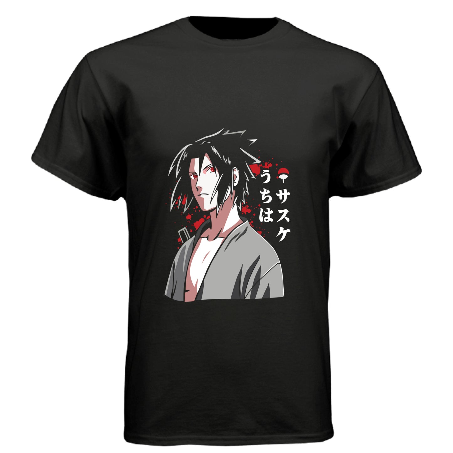 BLACK - FRONT Naruto Sasuke Uchiha anime t-shirt featuring Sharingan portrait design on unisex triblend fabric
