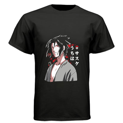 BLACK - FRONT Naruto Sasuke Uchiha anime t-shirt featuring Sharingan portrait design on unisex triblend fabric
