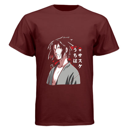 Cardinal Black - FRONT Naruto Sasuke Uchiha anime t-shirt featuring Sharingan portrait design on unisex triblend fabric

