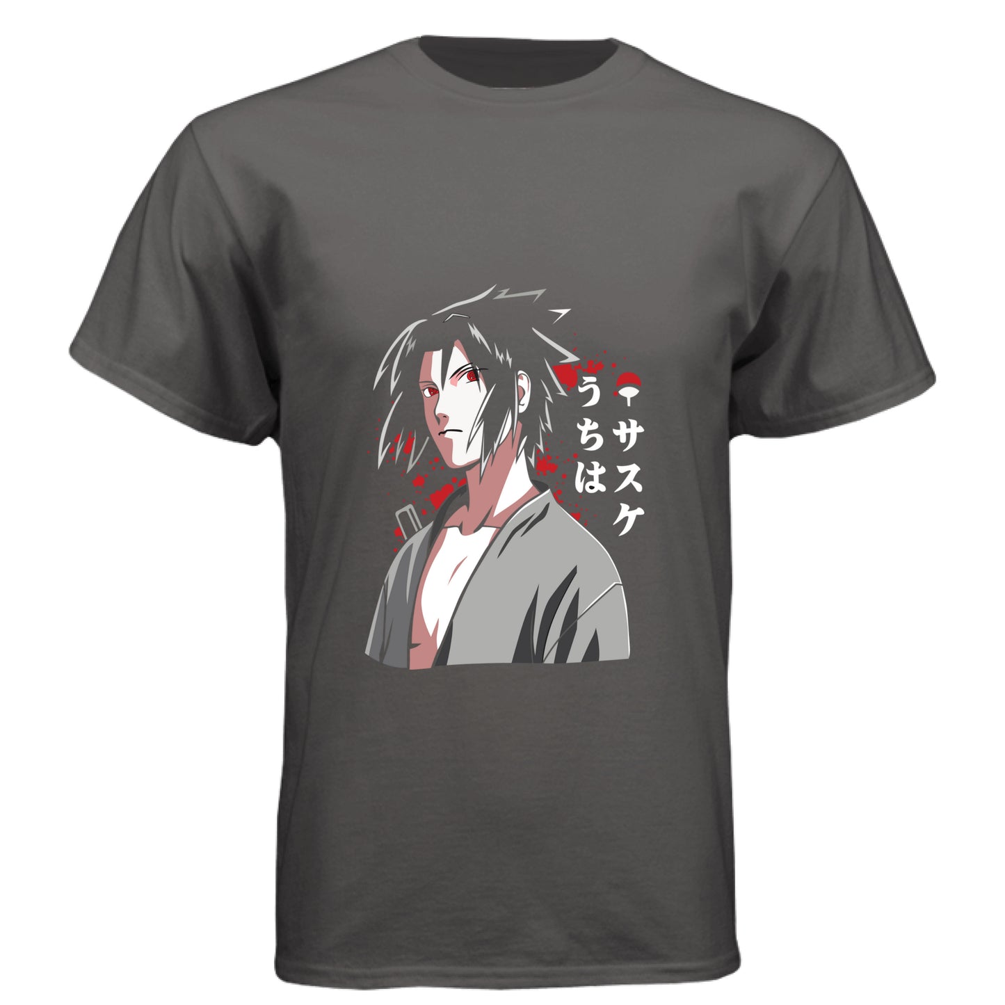 Graphite Black - FRONT Naruto Sasuke Uchiha anime t-shirt featuring Sharingan portrait design on unisex triblend fabric
