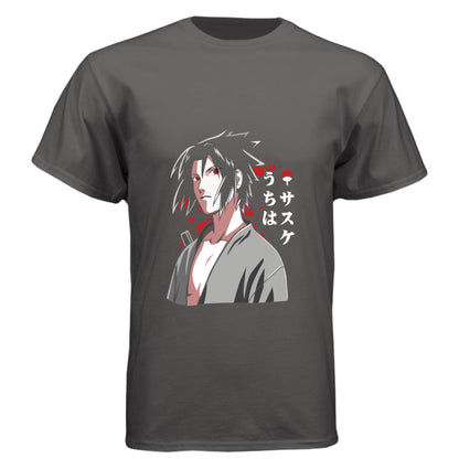 Graphite Black - FRONT Naruto Sasuke Uchiha anime t-shirt featuring Sharingan portrait design on unisex triblend fabric
