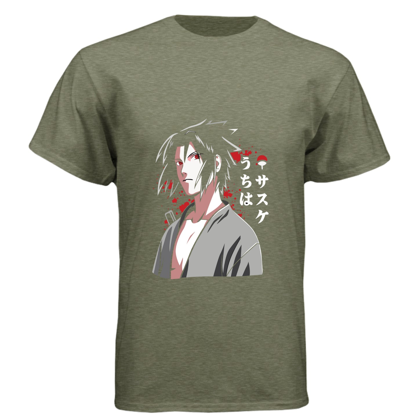 MILITARY GREEN - FRONT Naruto Sasuke Uchiha anime t-shirt featuring Sharingan portrait design on unisex triblend fabric
