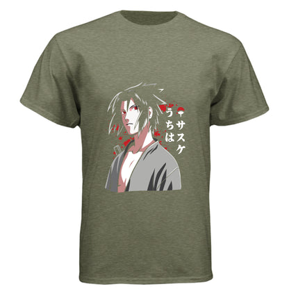 MILITARY GREEN - FRONT Naruto Sasuke Uchiha anime t-shirt featuring Sharingan portrait design on unisex triblend fabric
