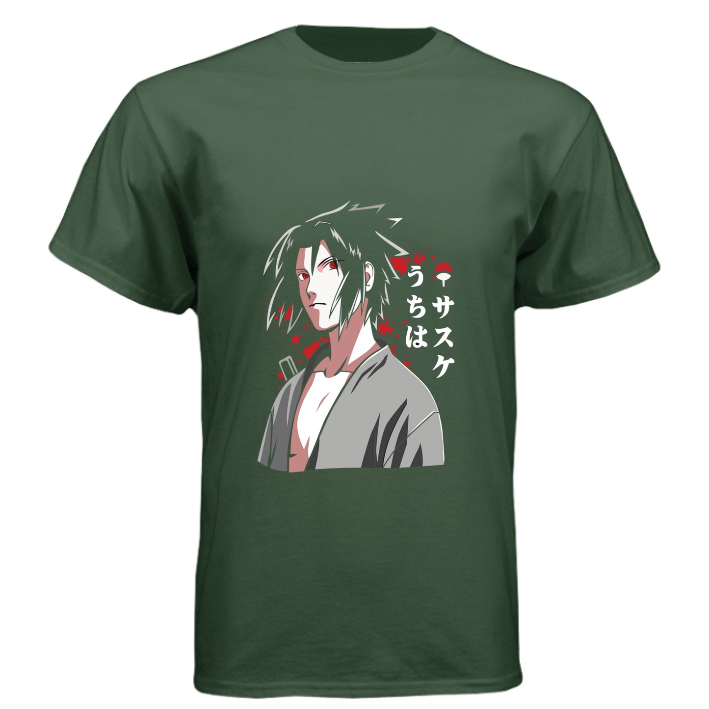 Black Forest - FRONT Naruto Sasuke Uchiha anime t-shirt featuring Sharingan portrait design on unisex triblend fabric
