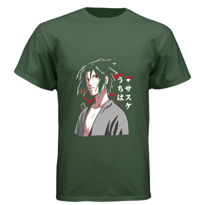 Black Forest - FRONT Naruto Sasuke Uchiha anime t-shirt featuring Sharingan portrait design on unisex triblend fabric
