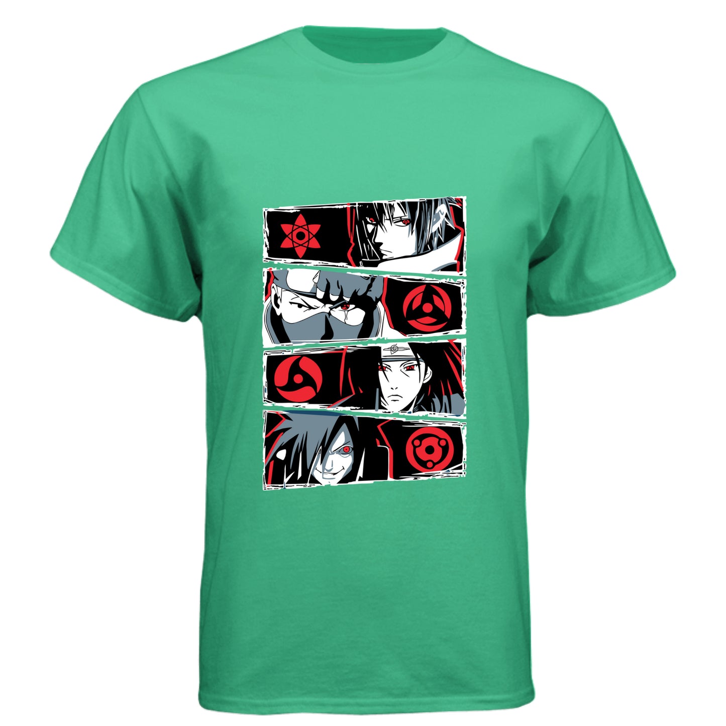 ENVY - FRONT Naruto Sharingan evolution anime t-shirt featuring Uchiha clan multi-panel design with Mangekyo Sharingan on unisex triblend fabric
