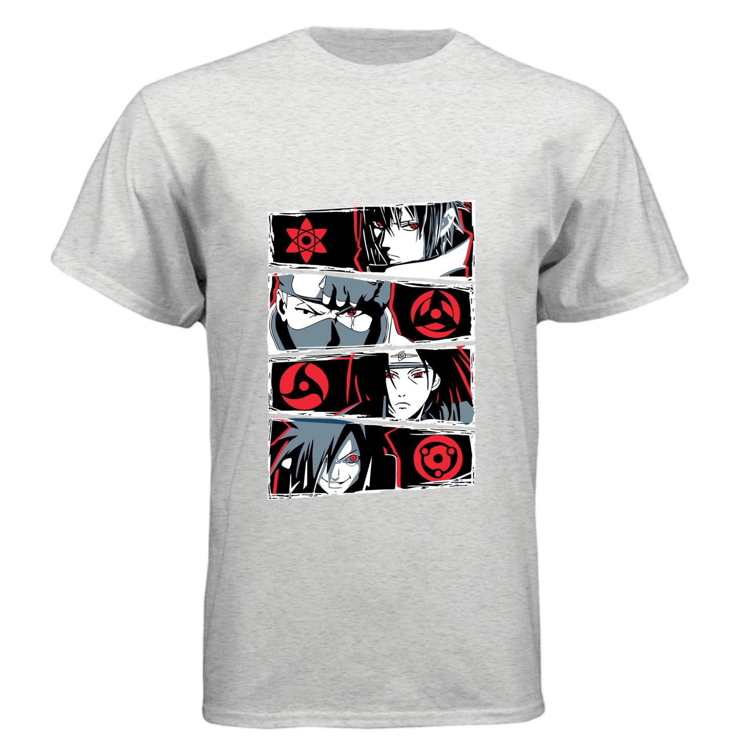 HEATHER WHITE - FRONT Naruto Sharingan evolution anime t-shirt featuring Uchiha clan multi-panel design with Mangekyo Sharingan on unisex triblend fabric
