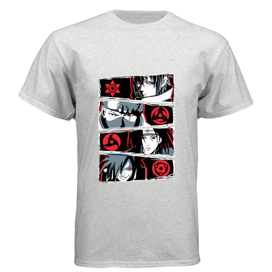 HEATHER WHITE - FRONT Naruto Sharingan evolution anime t-shirt featuring Uchiha clan multi-panel design with Mangekyo Sharingan on unisex triblend fabric
