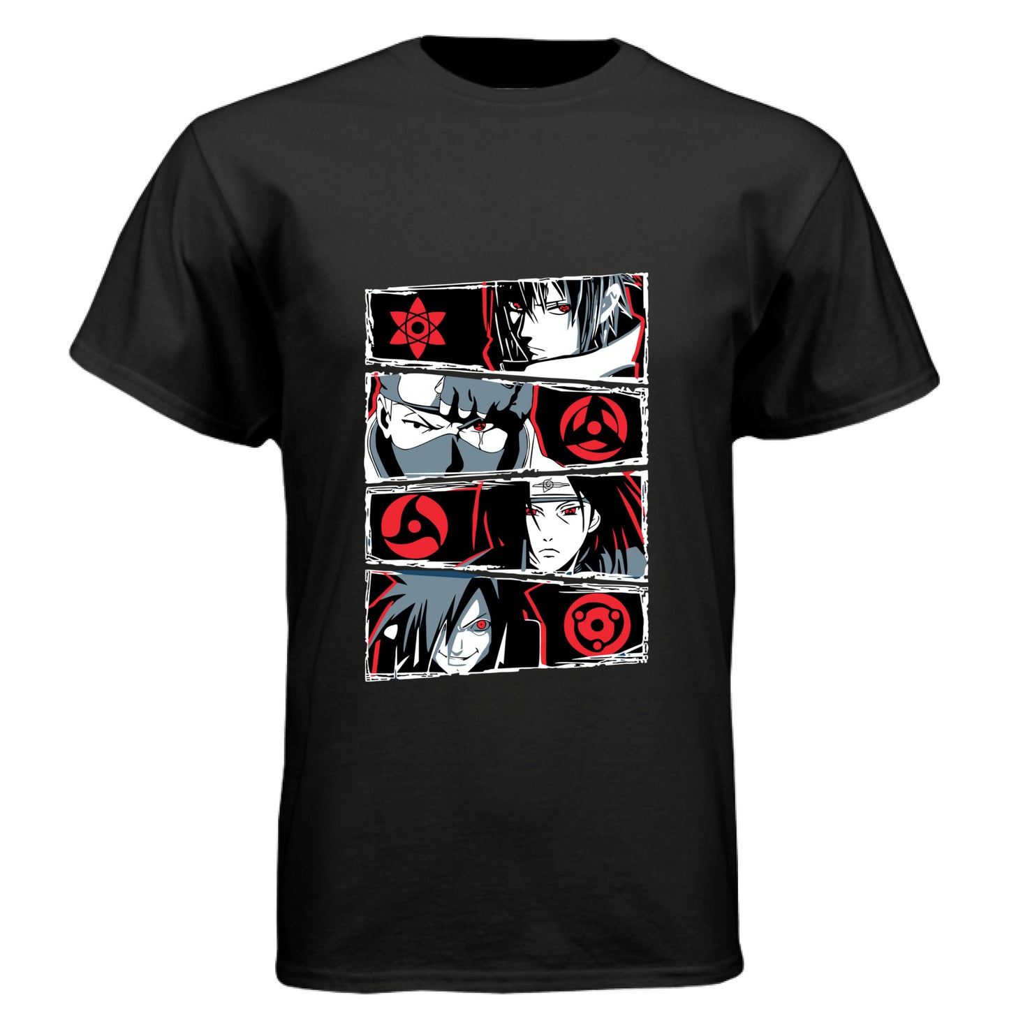 BLACK - FRONT Naruto Sharingan evolution anime t-shirt featuring Uchiha clan multi-panel design with Mangekyo Sharingan on unisex triblend fabric

