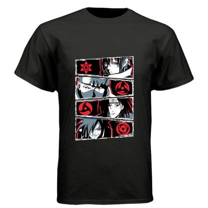 BLACK - FRONT Naruto Sharingan evolution anime t-shirt featuring Uchiha clan multi-panel design with Mangekyo Sharingan on unisex triblend fabric
