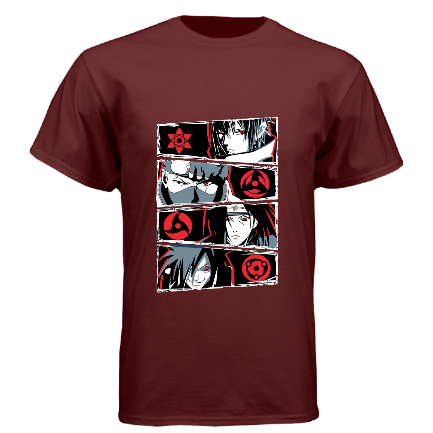 Cardinal Black - FRONT Naruto Sharingan evolution anime t-shirt featuring Uchiha clan multi-panel design with Mangekyo Sharingan on unisex triblend fabric
