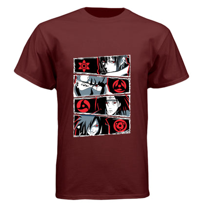 Cardinal Black - FRONT Naruto Sharingan evolution anime t-shirt featuring Uchiha clan multi-panel design with Mangekyo Sharingan on unisex triblend fabric
