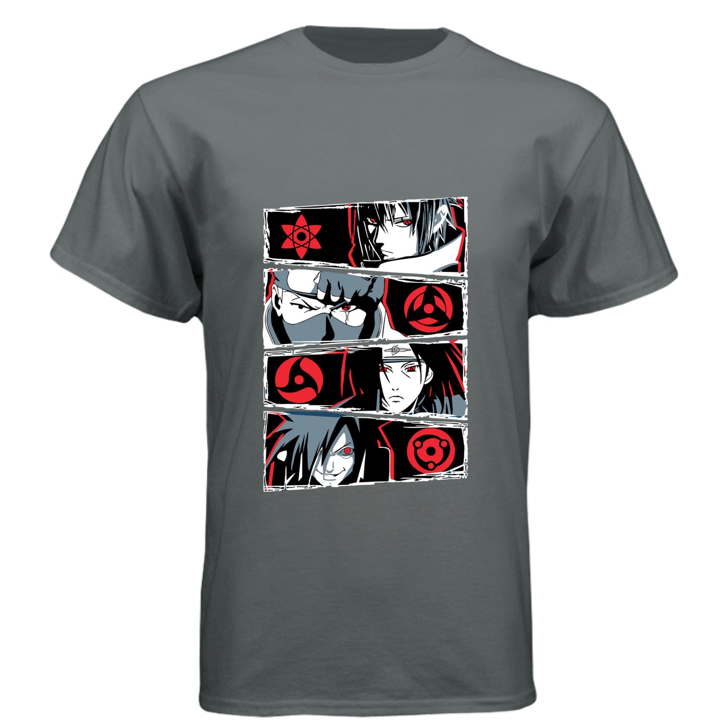 Vintage Heavy Metal - FRONT Naruto Sharingan evolution anime t-shirt featuring Uchiha clan multi-panel design with Mangekyo Sharingan on unisex triblend fabric
