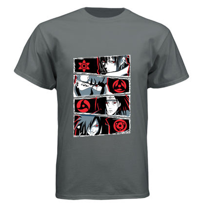 Vintage Heavy Metal - FRONT Naruto Sharingan evolution anime t-shirt featuring Uchiha clan multi-panel design with Mangekyo Sharingan on unisex triblend fabric
