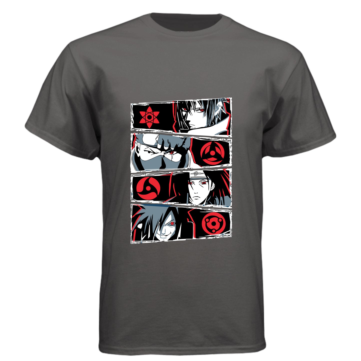 Graphite Black - FRONT Naruto Sharingan evolution anime t-shirt featuring Uchiha clan multi-panel design with Mangekyo Sharingan on unisex triblend fabric
