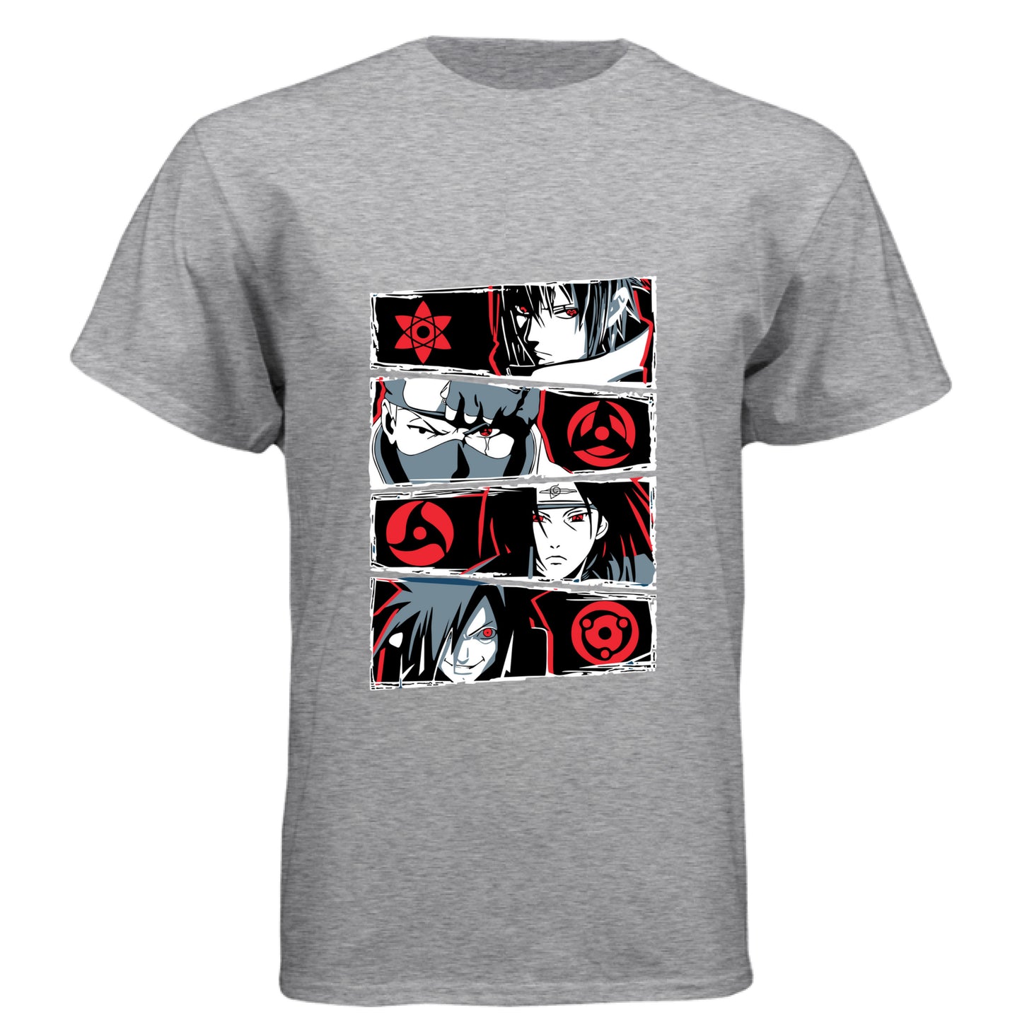 PREMIUM HEATHER - FRONT Naruto Sharingan evolution anime t-shirt featuring Uchiha clan multi-panel design with Mangekyo Sharingan on unisex triblend fabric
