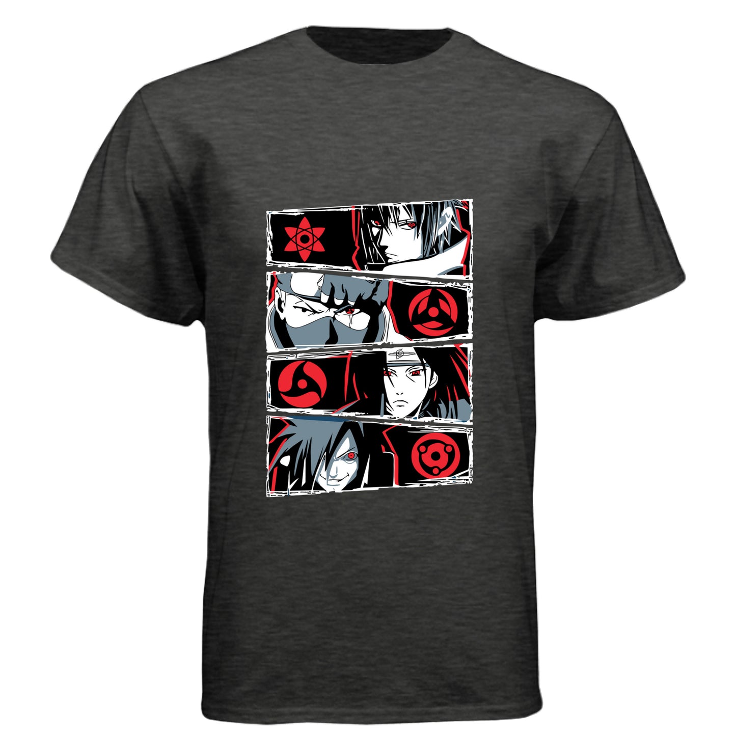 VINTAGE BLACK - FRONT Naruto Sharingan evolution anime t-shirt featuring Uchiha clan multi-panel design with Mangekyo Sharingan on unisex triblend fabric
