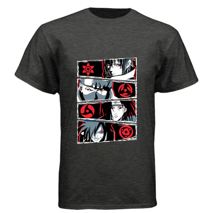 VINTAGE BLACK - FRONT Naruto Sharingan evolution anime t-shirt featuring Uchiha clan multi-panel design with Mangekyo Sharingan on unisex triblend fabric
