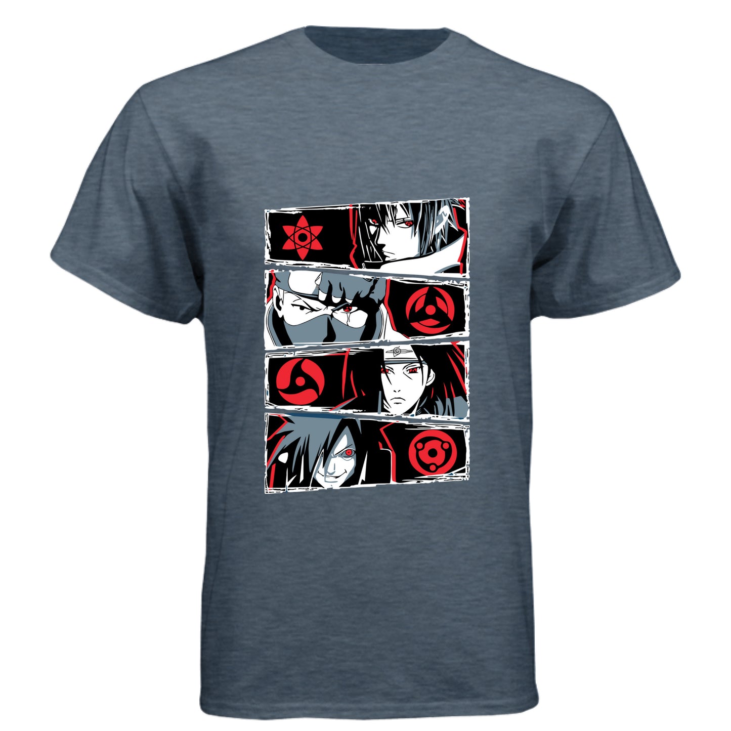 VINTAGE NAVY - FRONT Naruto Sharingan evolution anime t-shirt featuring Uchiha clan multi-panel design with Mangekyo Sharingan on unisex triblend fabric
