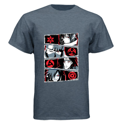 VINTAGE NAVY - FRONT Naruto Sharingan evolution anime t-shirt featuring Uchiha clan multi-panel design with Mangekyo Sharingan on unisex triblend fabric
