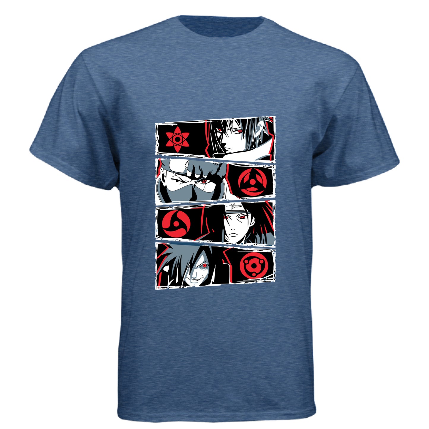 VINTAGE ROYAL - FRONT Naruto Sharingan evolution anime t-shirt featuring Uchiha clan multi-panel design with Mangekyo Sharingan on unisex triblend fabric
