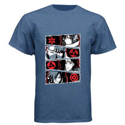 VINTAGE ROYAL - FRONT Naruto Sharingan evolution anime t-shirt featuring Uchiha clan multi-panel design with Mangekyo Sharingan on unisex triblend fabric
