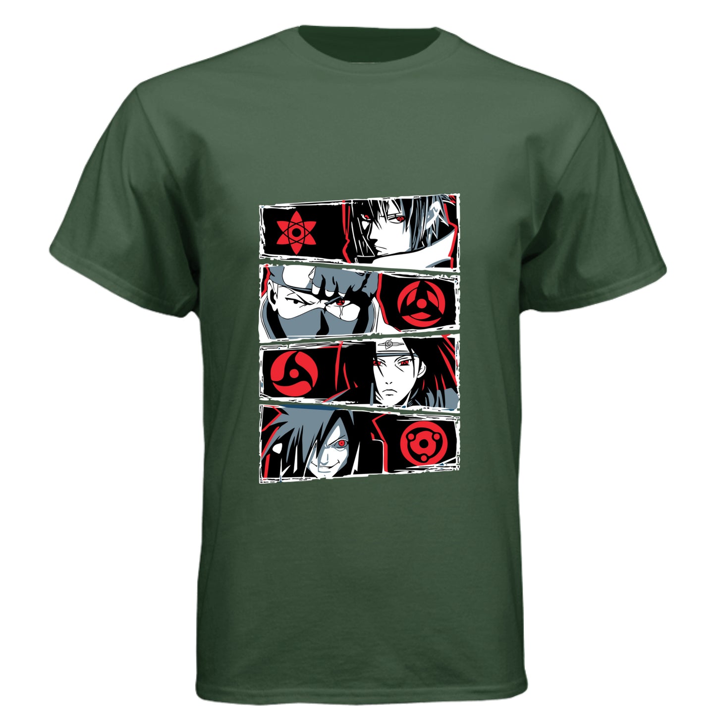 Black Forest - FRONT Naruto Sharingan evolution anime t-shirt featuring Uchiha clan multi-panel design with Mangekyo Sharingan on unisex triblend fabric
