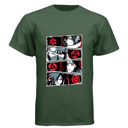 Black Forest - FRONT Naruto Sharingan evolution anime t-shirt featuring Uchiha clan multi-panel design with Mangekyo Sharingan on unisex triblend fabric
