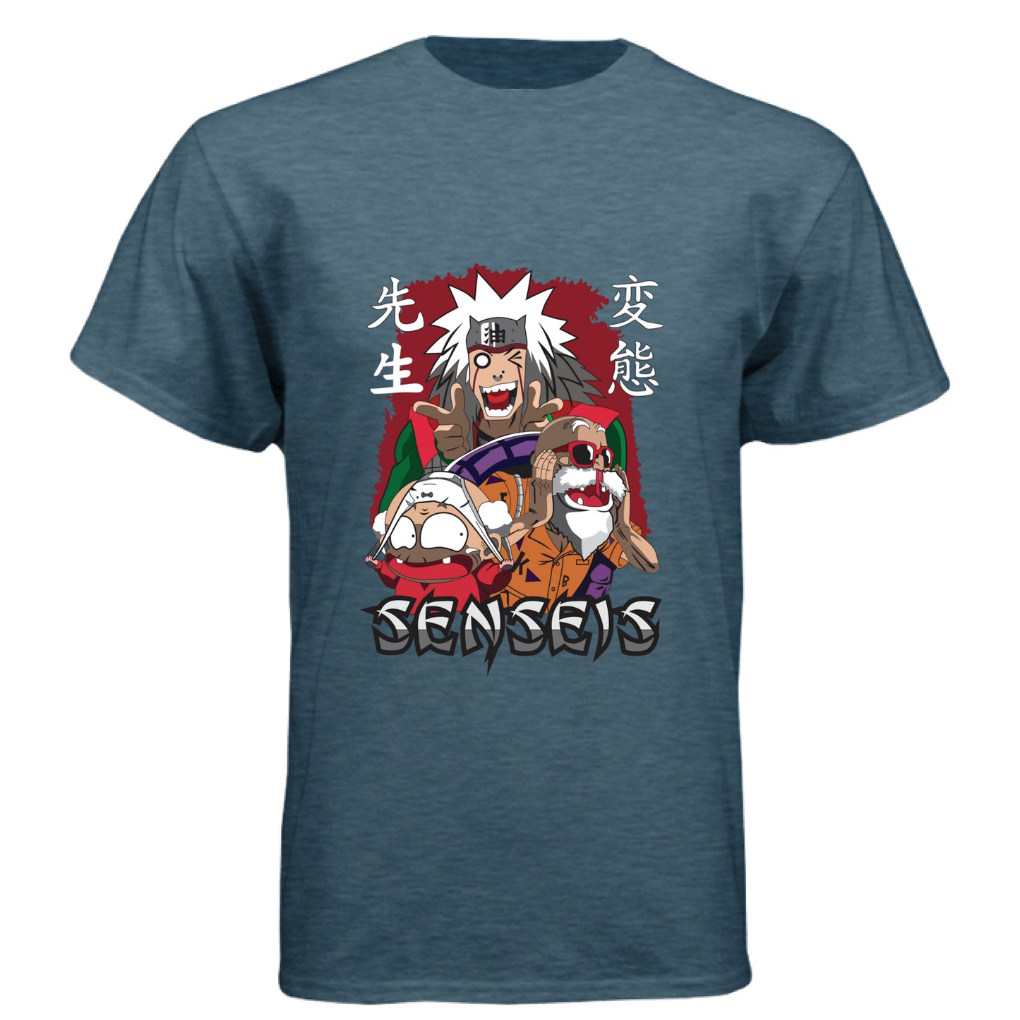 INDIGO - FRONT Naruto Jiraiya anime t-shirt featuring Legendary Sannin with summoning toads design on unisex triblend fabric
