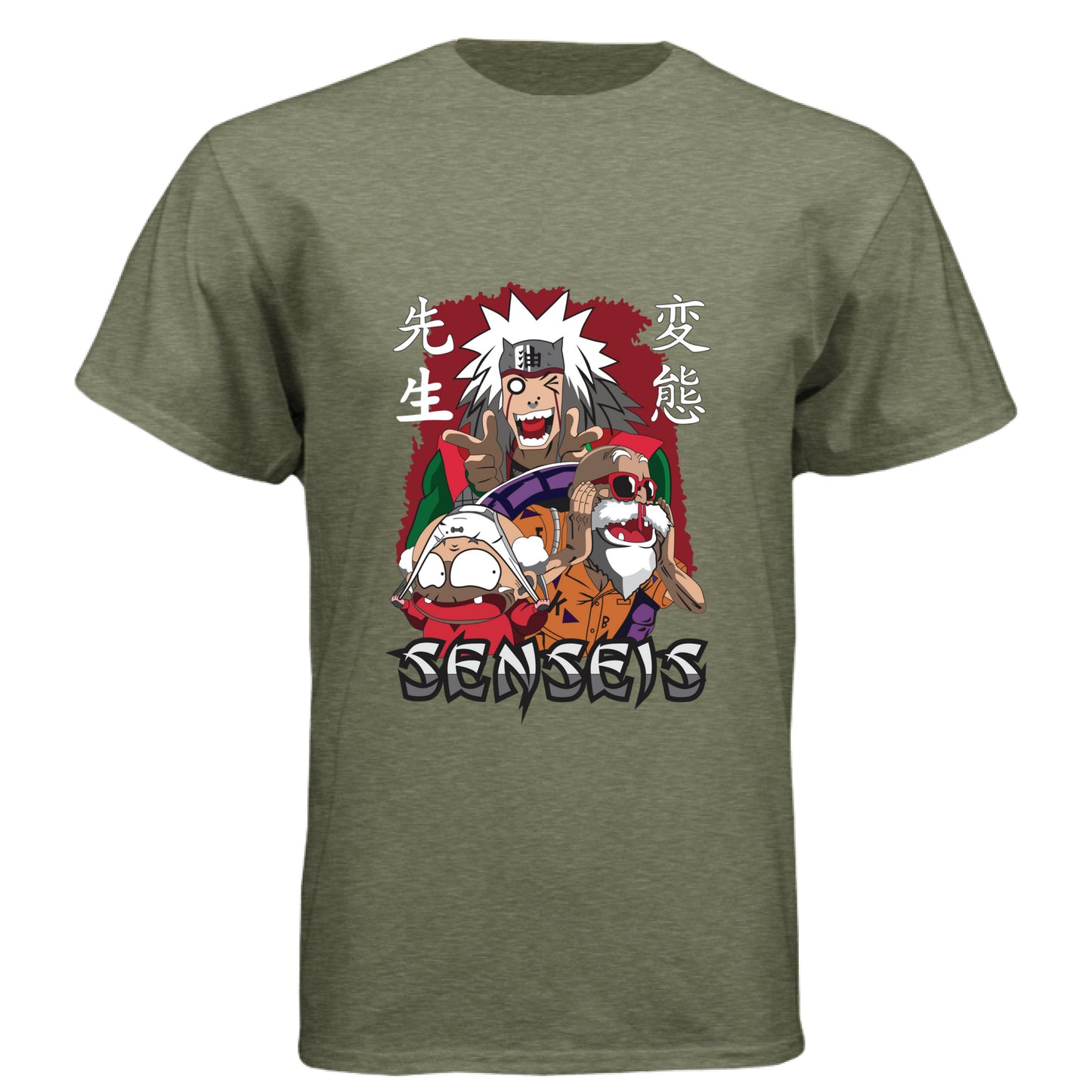 MILITARY GREEN - FRONT Naruto Jiraiya anime t-shirt featuring Legendary Sannin with summoning toads design on unisex triblend fabric
