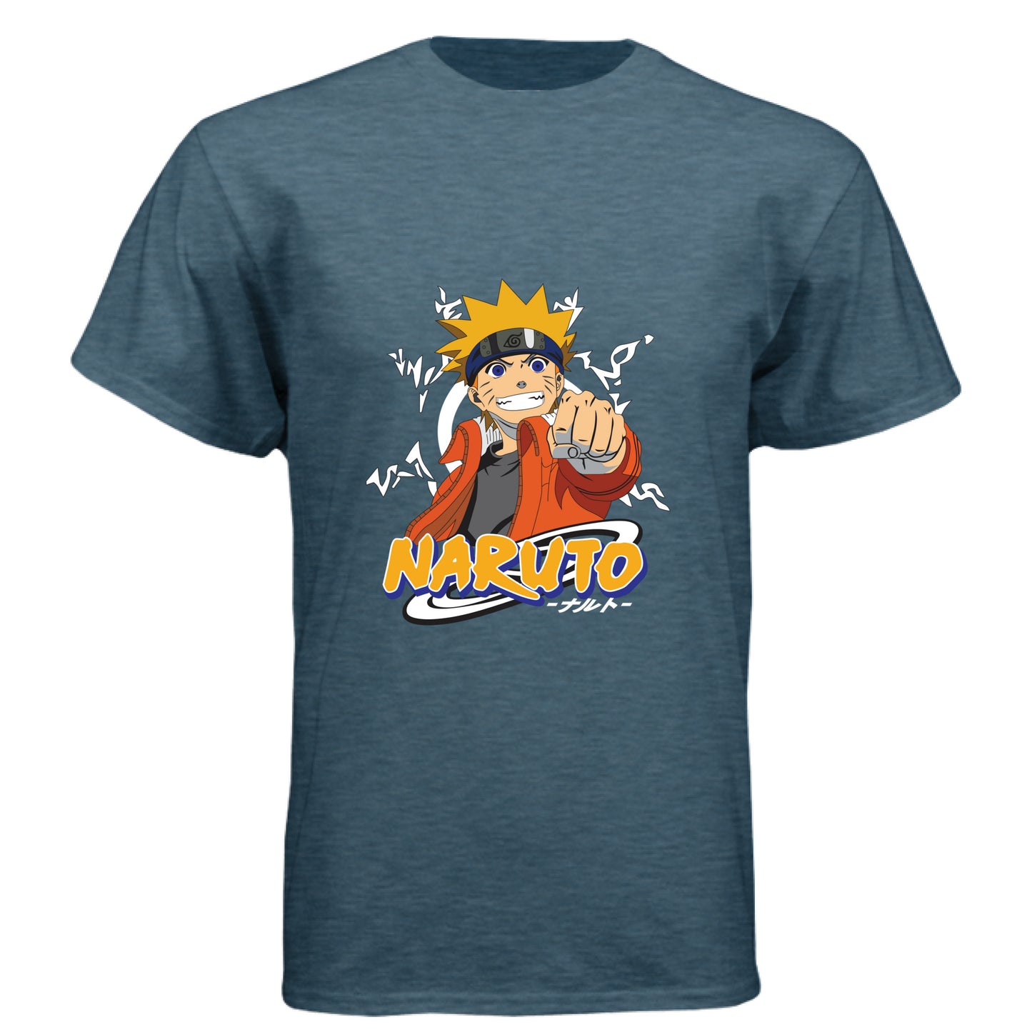 INDIGO - FRONT Naruto Uzumaki anime t-shirt featuring Believe It protagonist portrait design on unisex triblend fabric
