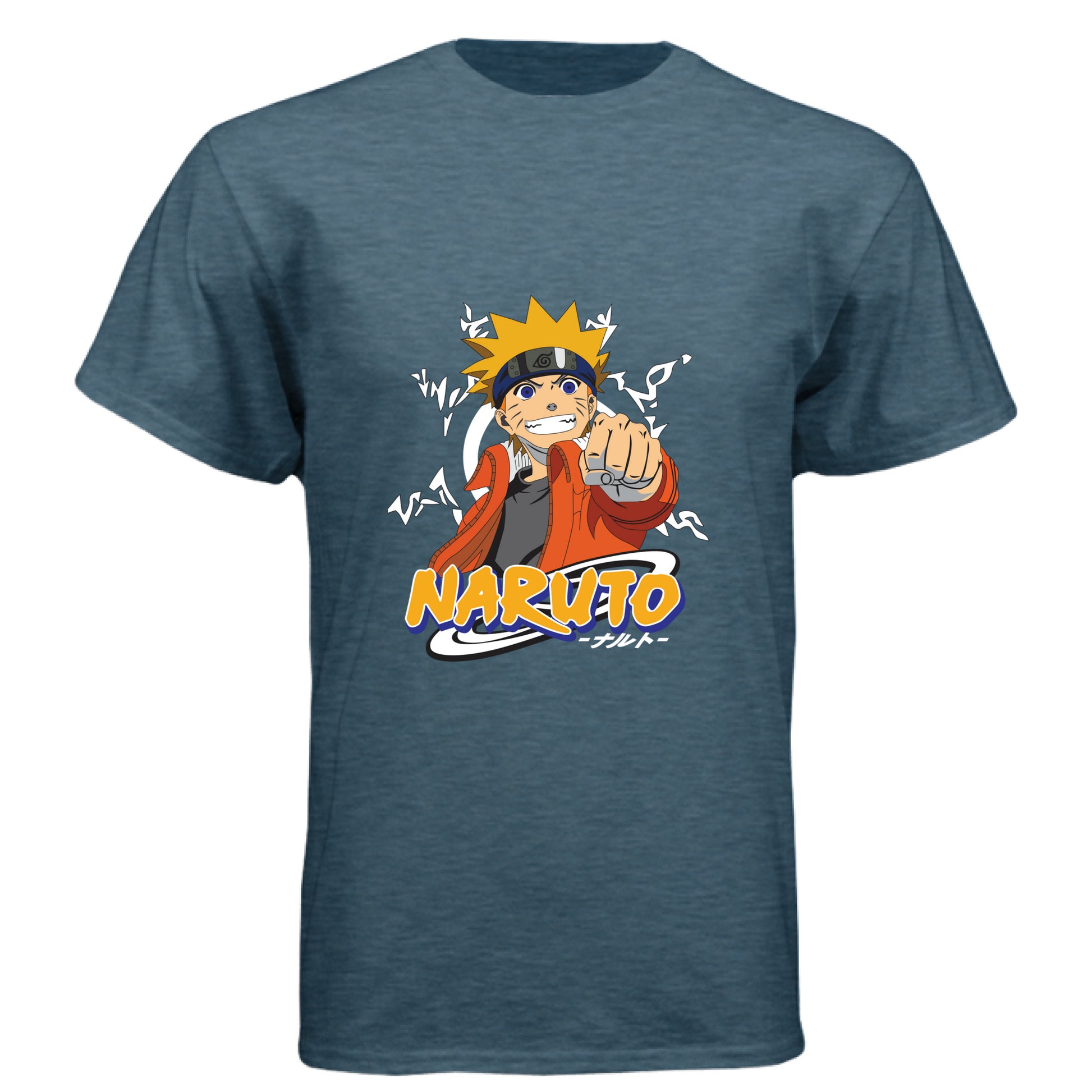 INDIGO - FRONT Naruto Uzumaki anime t-shirt featuring Believe It protagonist portrait design on unisex triblend fabric
