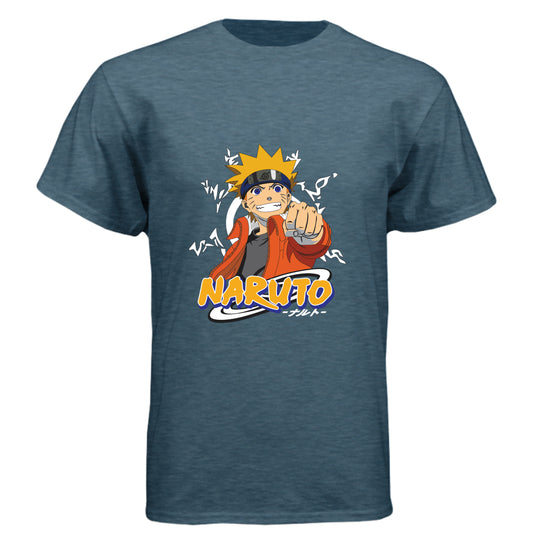 INDIGO - FRONT Naruto Uzumaki anime t-shirt featuring Believe It protagonist portrait design on unisex triblend fabric
