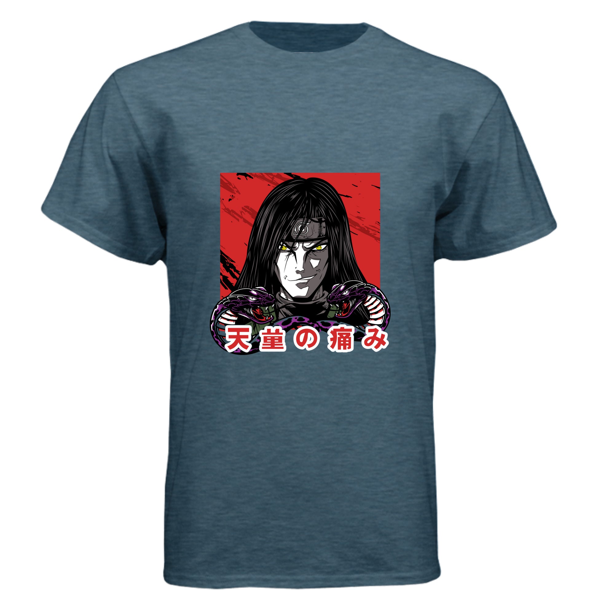 INDIGO - FRONT Naruto Itachi Uchiha anime t-shirt featuring Mangekyo Sharingan portrait design on unisex triblend fabric
