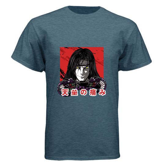 INDIGO - FRONT Naruto Itachi Uchiha anime t-shirt featuring Mangekyo Sharingan portrait design on unisex triblend fabric
