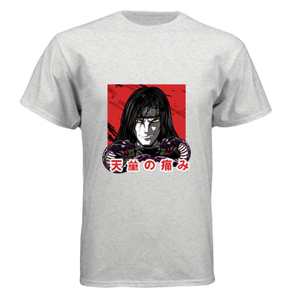 HEATHER WHITE - FRONT Naruto Itachi Uchiha anime t-shirt featuring Mangekyo Sharingan portrait design on unisex triblend fabric
