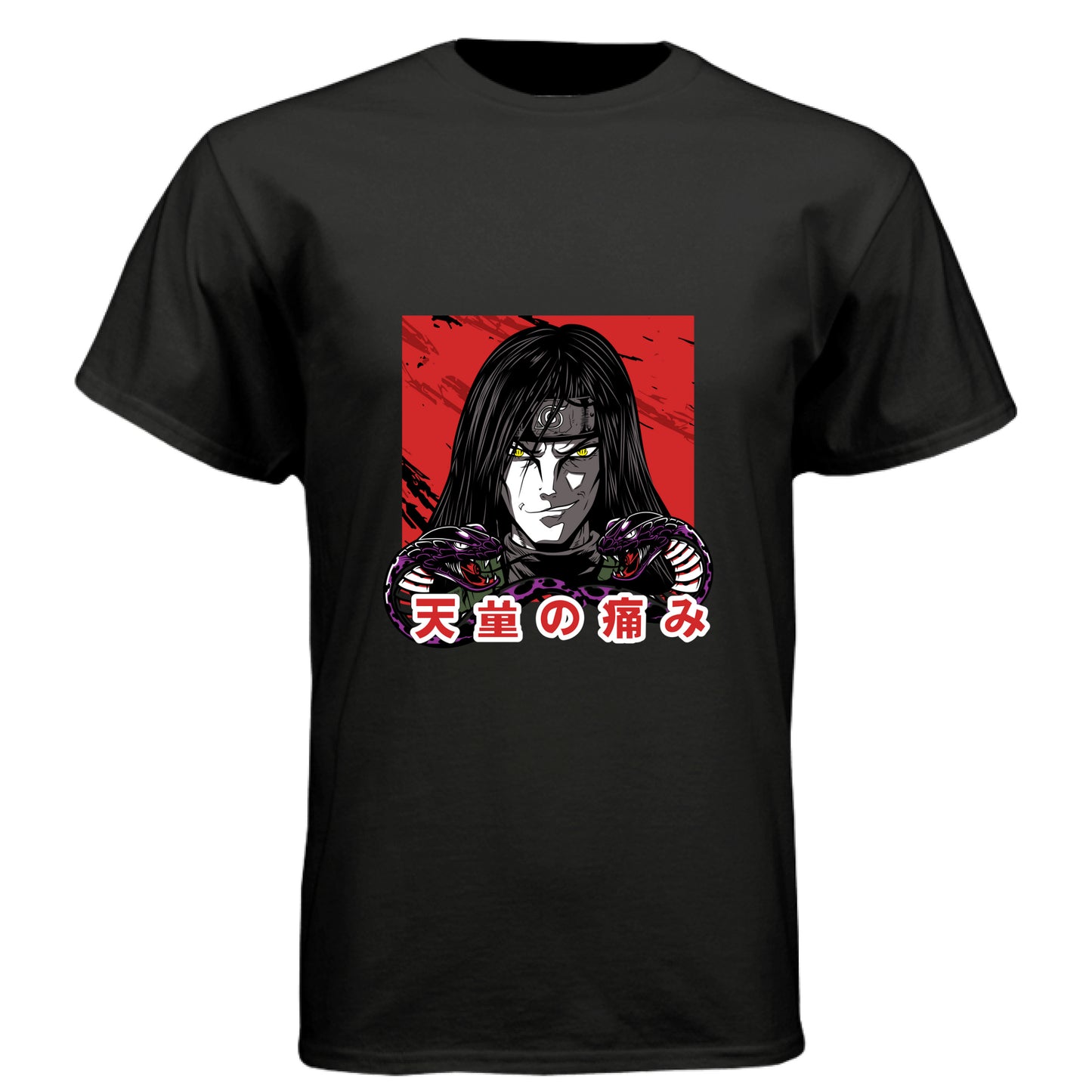 BLACK - FRONT Naruto Itachi Uchiha anime t-shirt featuring Mangekyo Sharingan portrait design on unisex triblend fabric
