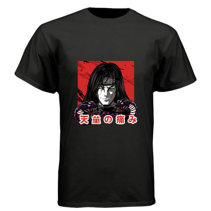 BLACK - FRONT Naruto Itachi Uchiha anime t-shirt featuring Mangekyo Sharingan portrait design on unisex triblend fabric
