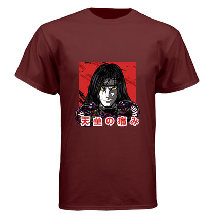 Cardinal Black - FRONT Naruto Itachi Uchiha anime t-shirt featuring Mangekyo Sharingan portrait design on unisex triblend fabric
