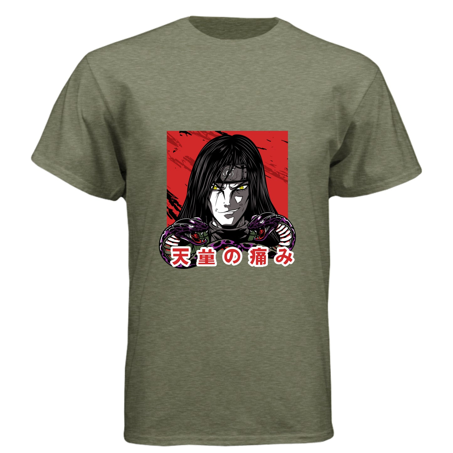 MILITARY GREEN - FRONT Naruto Itachi Uchiha anime t-shirt featuring Mangekyo Sharingan portrait design on unisex triblend fabric
