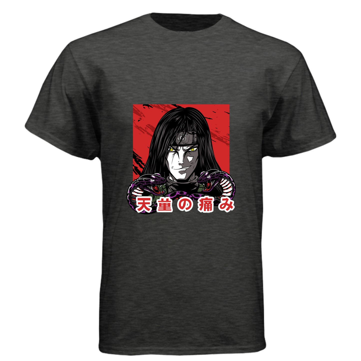 VINTAGE BLACK - FRONT Naruto Itachi Uchiha anime t-shirt featuring Mangekyo Sharingan portrait design on unisex triblend fabric
