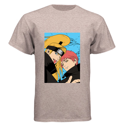 Desert Pink - FRONT Naruto Gaara and Deidara anime t-shirt featuring Akatsuki vs Kazekage duo portrait design on unisex triblend fabric
