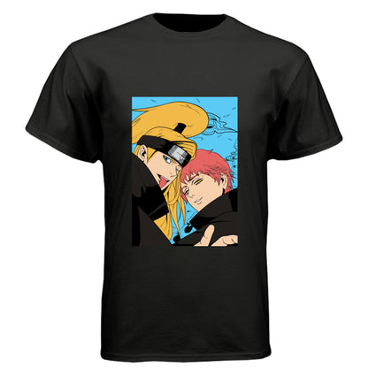 BLACK - FRONT Naruto Gaara and Deidara anime t-shirt featuring Akatsuki vs Kazekage duo portrait design on unisex triblend fabric
