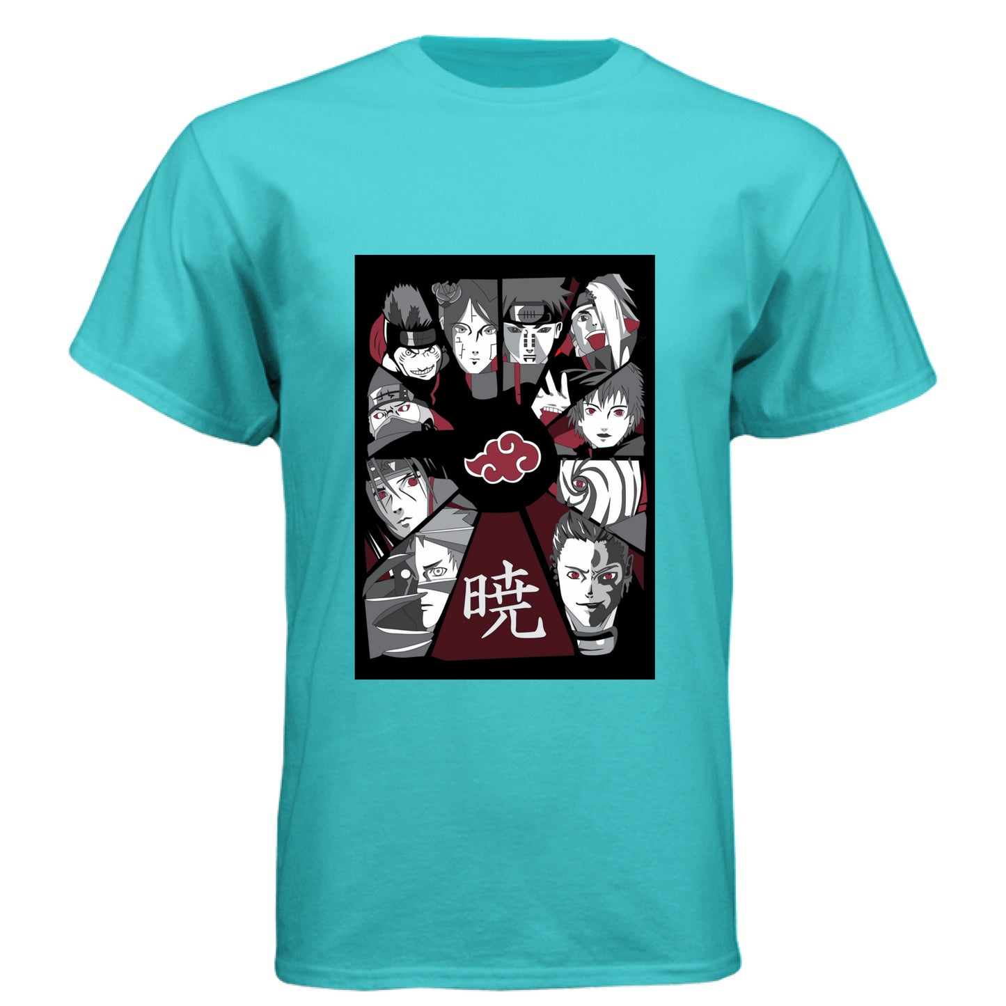 Tahiti Blue - FRONT Naruto Akatsuki organization anime t-shirt featuring all members collage design on unisex triblend fabric
