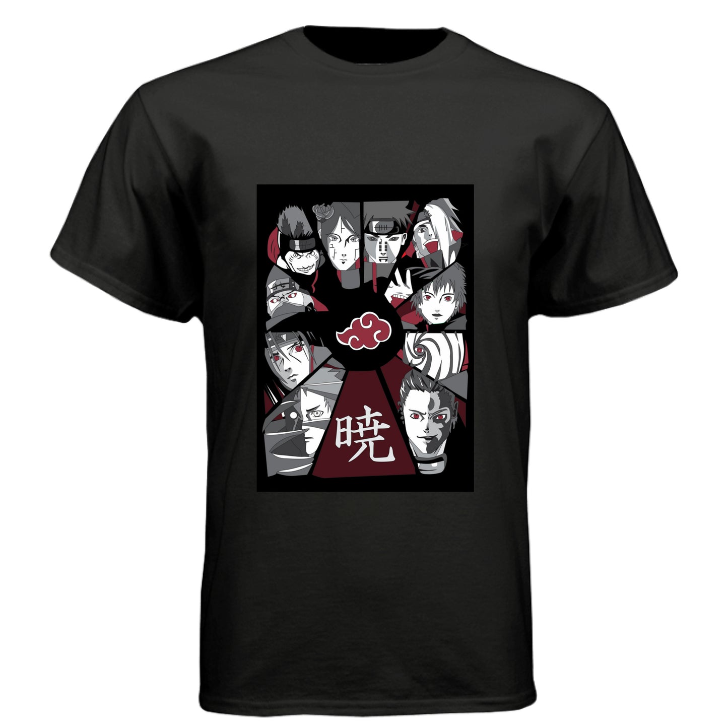 BLACK - FRONT Naruto Akatsuki organization anime t-shirt featuring all members collage design on unisex triblend fabric
